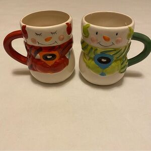 Set of Two Snowman Themed Mugs with Red and Green Handles